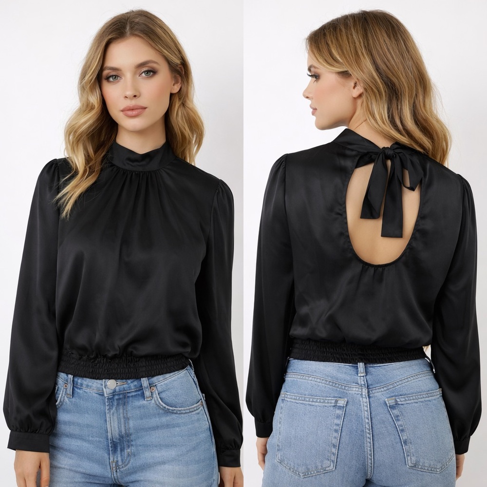 Monteau Black Satin Blouse Open Back Tie Neck Smocked Hem Long Sleeve Size Large